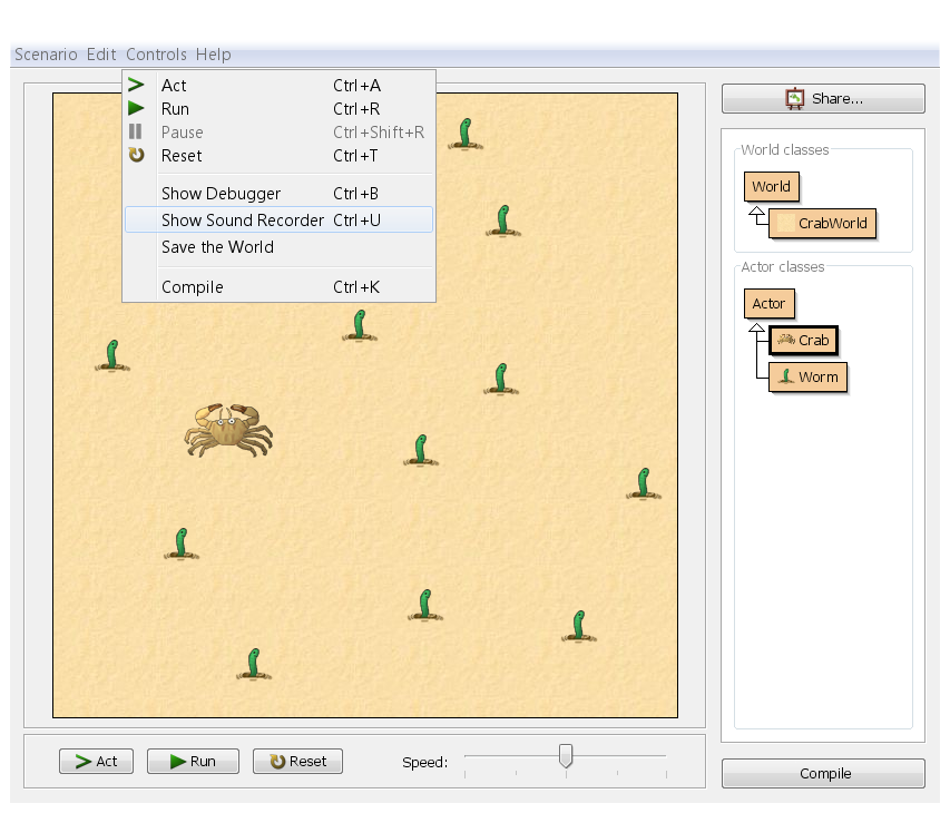 Os controles do menu de cenário mostram o gravador de som
